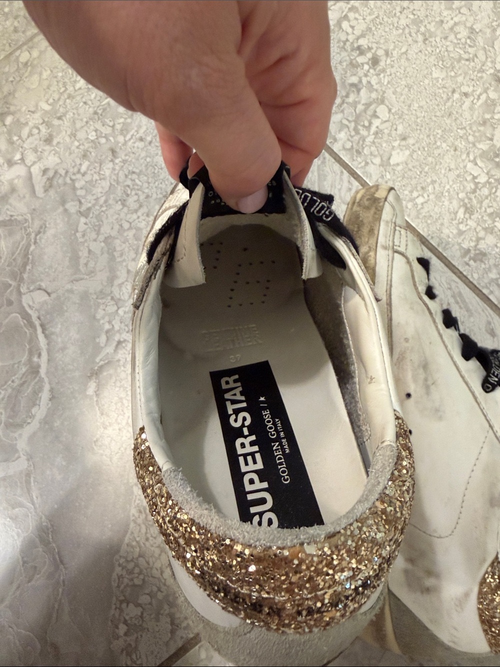 Golden Goose White Leather Sneakers with Silver Star and Gold Glitter Heel - Picture 6 of 7